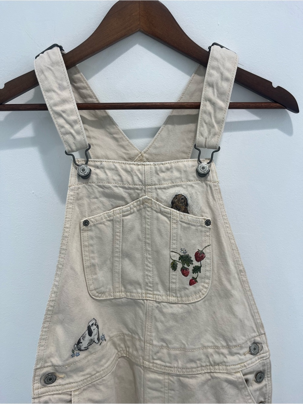 Hand Painted Old Navy Cottage Core Fruit and Animals Design Cream Overalls